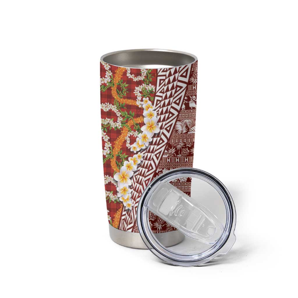 Hawaiian Plumeria Lei Tumbler Cup Kakau Motifs and Palaka Half Style Red Color - Polynesian Pride