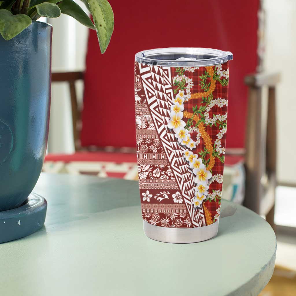 Hawaiian Plumeria Lei Tumbler Cup Kakau Motifs and Palaka Half Style Red Color - Polynesian Pride