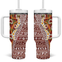 Hawaiian Plumeria Lei Tumbler With Handle Kakau Motifs and Palaka Half Style Red Color - Polynesian Pride