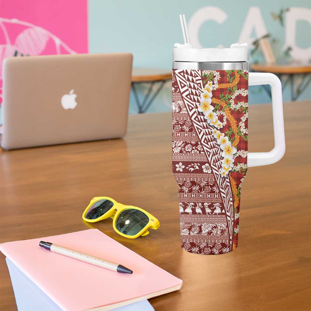 Hawaiian Plumeria Lei Tumbler With Handle Kakau Motifs and Palaka Half Style Red Color - Polynesian Pride