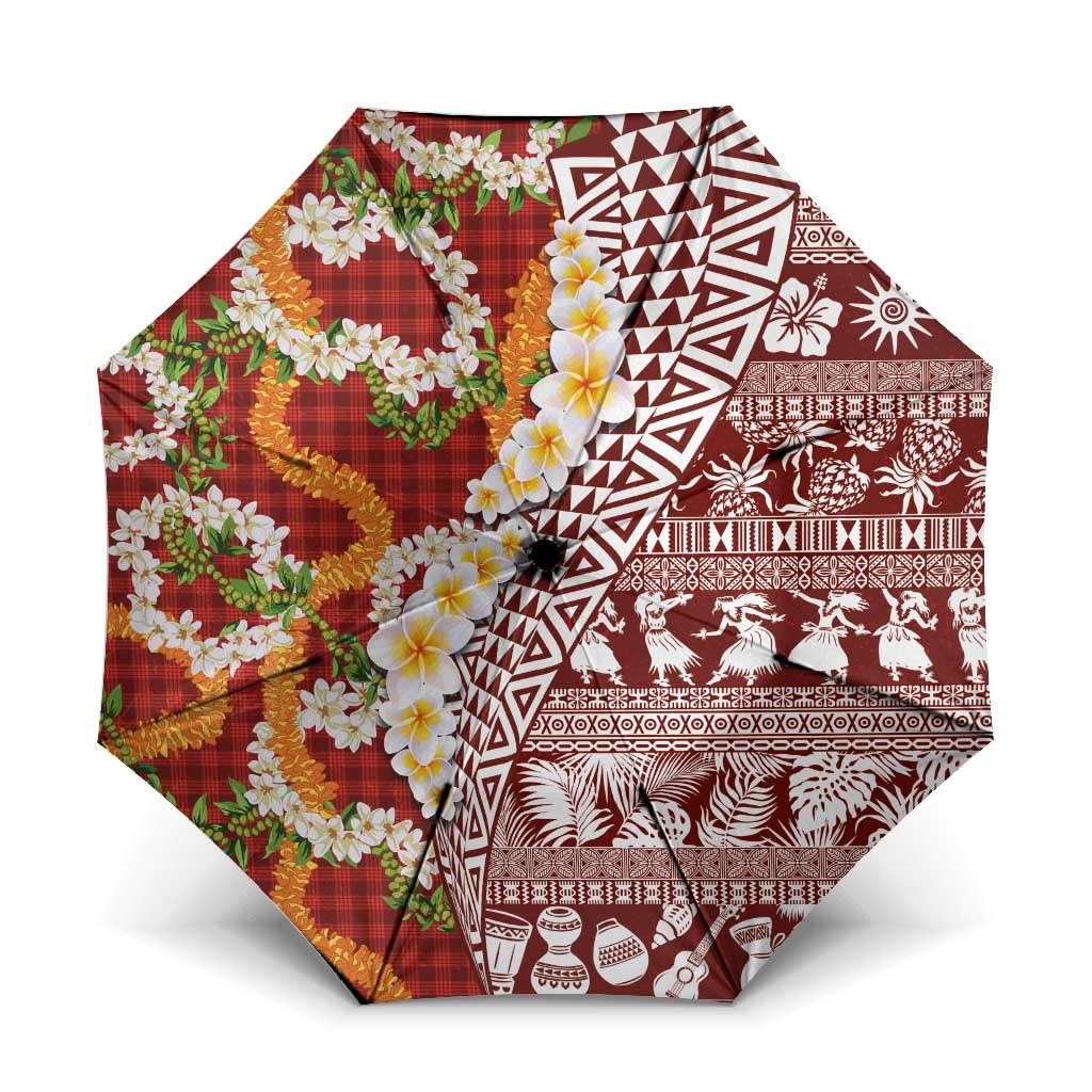 Hawaiian Plumeria Lei Umbrella Kakau Motifs and Palaka Half Style Red Color - Polynesian Pride