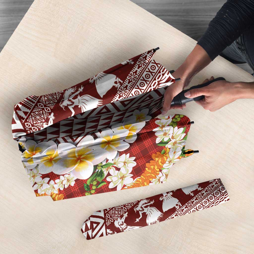 Hawaiian Plumeria Lei Umbrella Kakau Motifs and Palaka Half Style Red Color - Polynesian Pride
