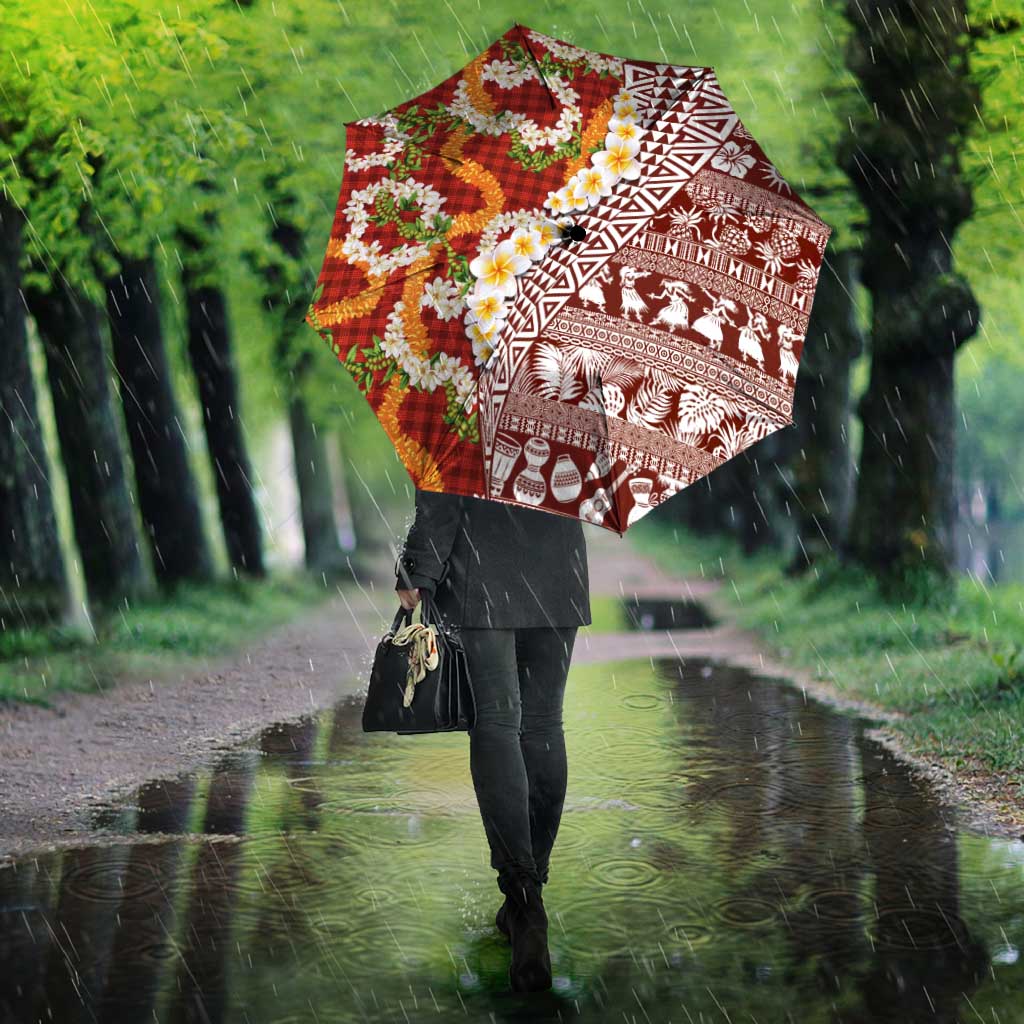 Hawaiian Plumeria Lei Umbrella Kakau Motifs and Palaka Half Style Red Color - Polynesian Pride