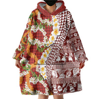 Hawaiian Plumeria Lei Wearable Blanket Hoodie Kakau Motifs and Palaka Half Style Red Color - Polynesian Pride