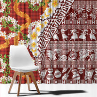 Hawaiian Plumeria Lei Window Curtain Kakau Motifs and Palaka Half Style Red Color LT03 - Polynesian Pride