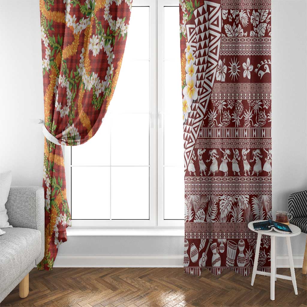 Hawaiian Plumeria Lei Window Curtain Kakau Motifs and Palaka Half Style Red Color LT03 - Polynesian Pride