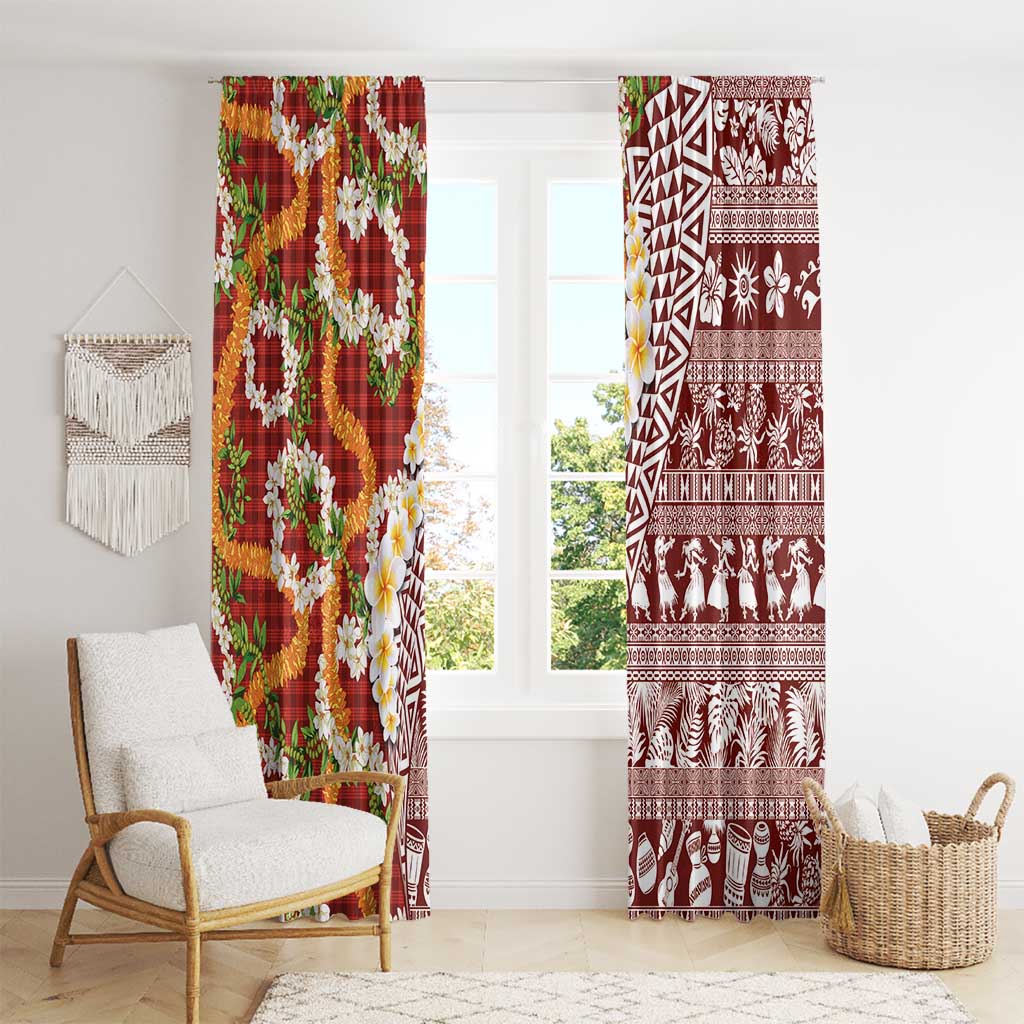 Hawaiian Plumeria Lei Window Curtain Kakau Motifs and Palaka Half Style Red Color LT03 - Polynesian Pride