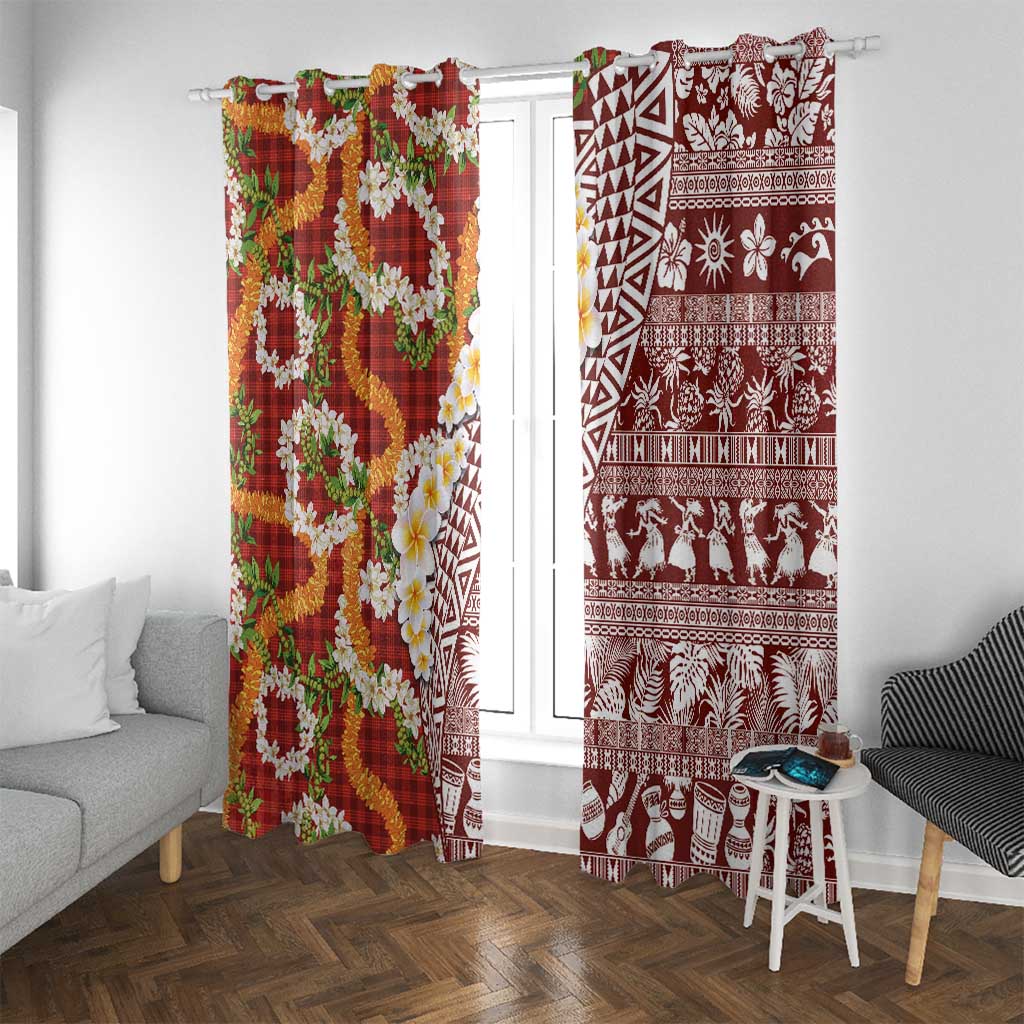 Hawaiian Plumeria Lei Window Curtain Kakau Motifs and Palaka Half Style Red Color LT03 With Grommets Red - Polynesian Pride