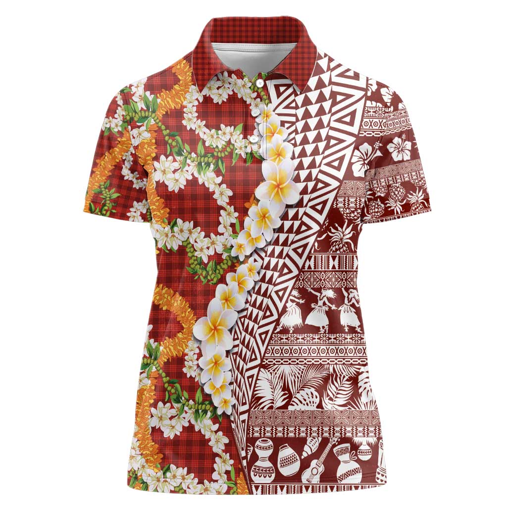 Hawaiian Plumeria Lei Women Polo Shirt Kakau Motifs and Palaka Half Style Red Color - Polynesian Pride