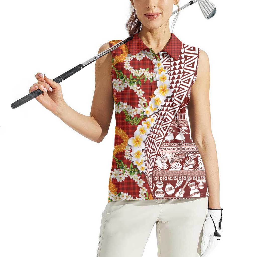 Hawaiian Plumeria Lei Women Sleeveless Polo Shirt Kakau Motifs and Palaka Half Style Red Color - Polynesian Pride