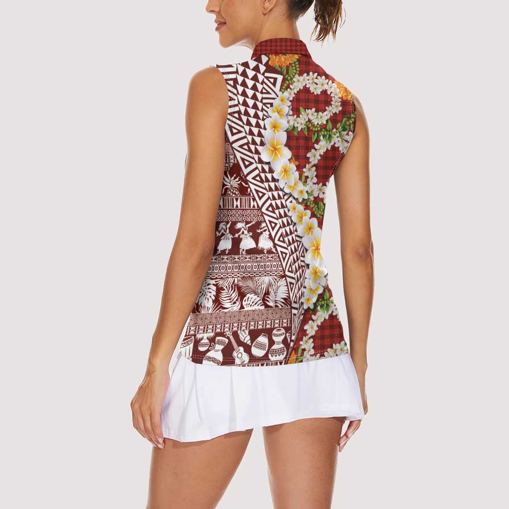 Hawaiian Plumeria Lei Women Sleeveless Polo Shirt Kakau Motifs and Palaka Half Style Red Color - Polynesian Pride