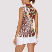 Hawaiian Plumeria Lei Women Sleeveless Polo Shirt Kakau Motifs and Palaka Half Style Red Color - Polynesian Pride