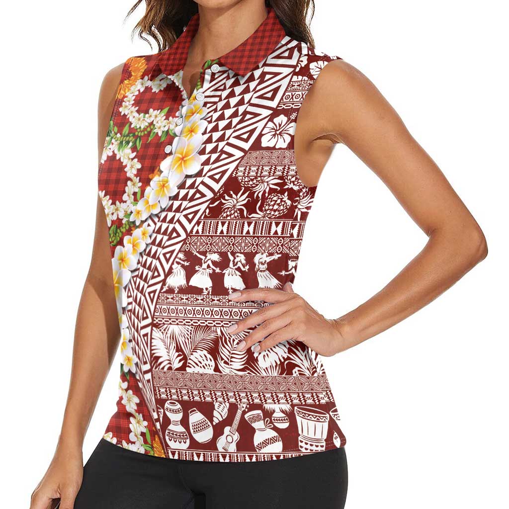 Hawaiian Plumeria Lei Women Sleeveless Polo Shirt Kakau Motifs and Palaka Half Style Red Color - Polynesian Pride