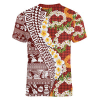 Hawaiian Plumeria Lei Women V-Neck T-Shirt Kakau Motifs and Palaka Half Style Red Color - Polynesian Pride