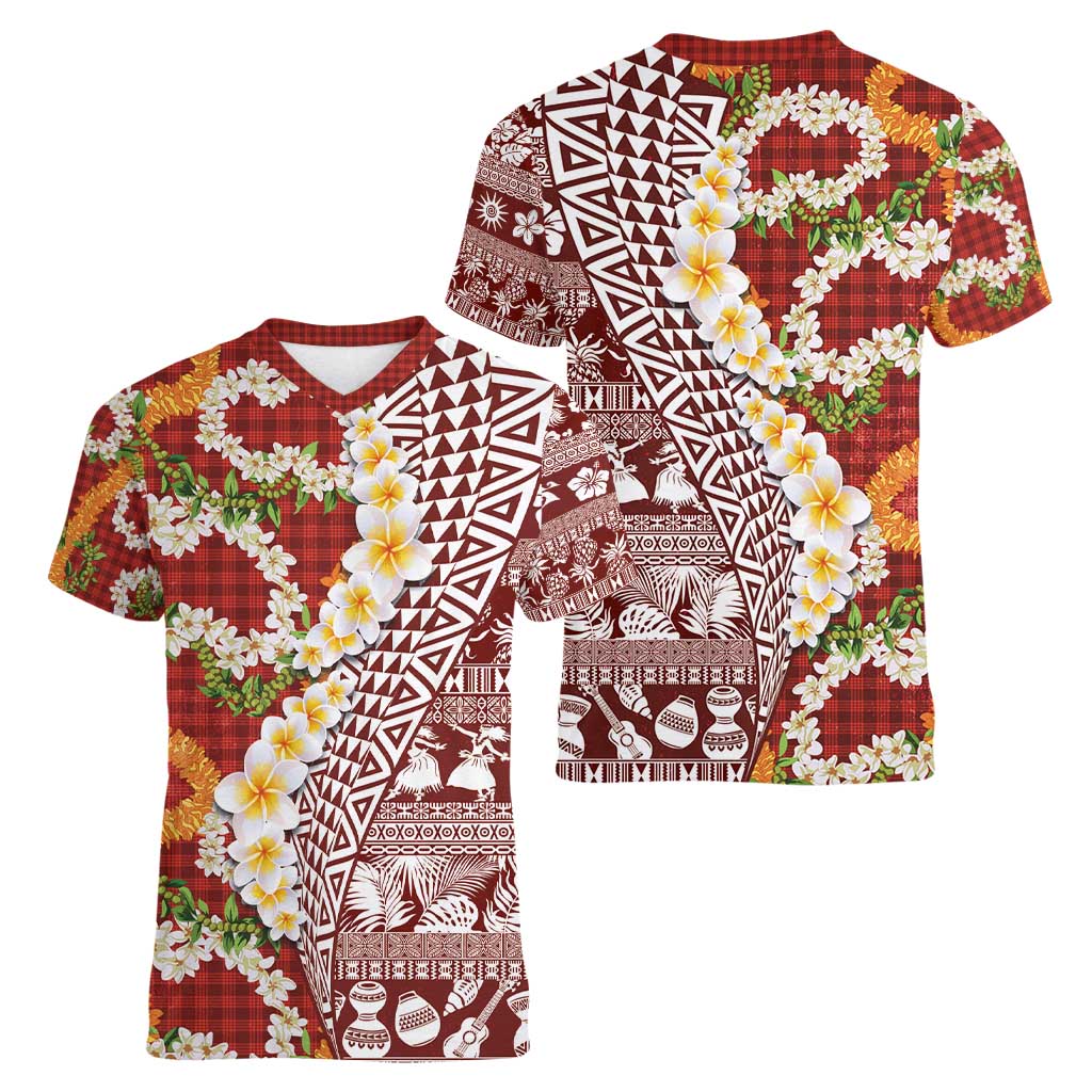 Hawaiian Plumeria Lei Women V-Neck T-Shirt Kakau Motifs and Palaka Half Style Red Color - Polynesian Pride