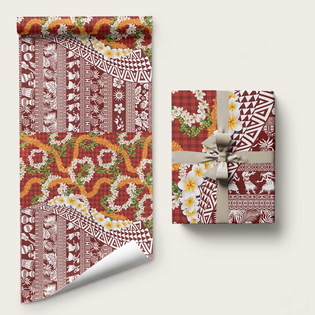 Hawaiian Plumeria Lei Wrapping Paper Kakau Motifs and Palaka Half Style Red Color - Polynesian Pride