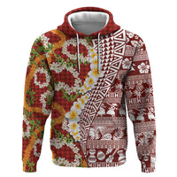 Hawaiian Plumeria Lei Zip Hoodie Kakau Motifs and Palaka Half Style Red Color - Polynesian Pride