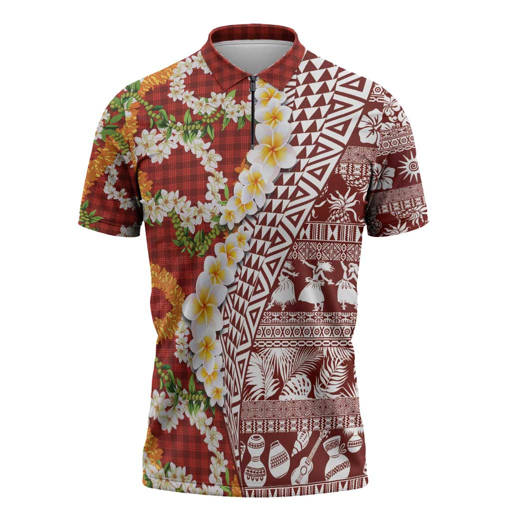 Hawaiian Plumeria Lei Zipper Polo Shirt Kakau Motifs and Palaka Half Style Red Color - Polynesian Pride