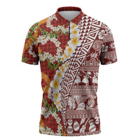 Hawaiian Plumeria Lei Zipper Polo Shirt Kakau Motifs and Palaka Half Style Red Color - Polynesian Pride