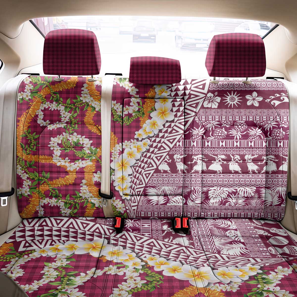 Hawaiian Plumeria Lei Back Car Seat Cover Kakau Motifs and Palaka Half Style Pink Color - Polynesian Pride