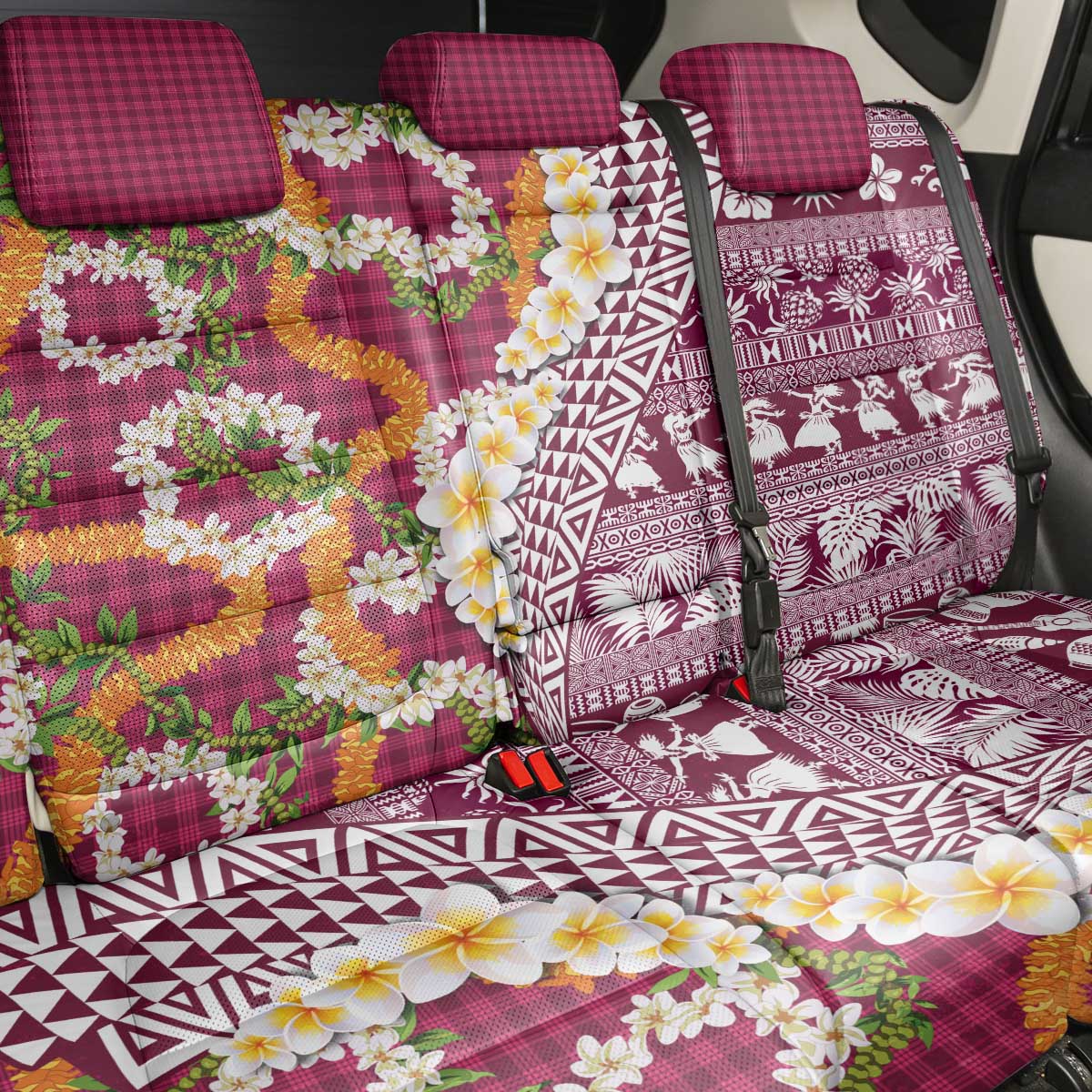 Hawaiian Plumeria Lei Back Car Seat Cover Kakau Motifs and Palaka Half Style Pink Color - Polynesian Pride
