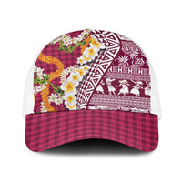 Hawaiian Plumeria Lei Baseball Net Cap Kakau Motifs and Palaka Half Style Pink Color - Polynesian Pride