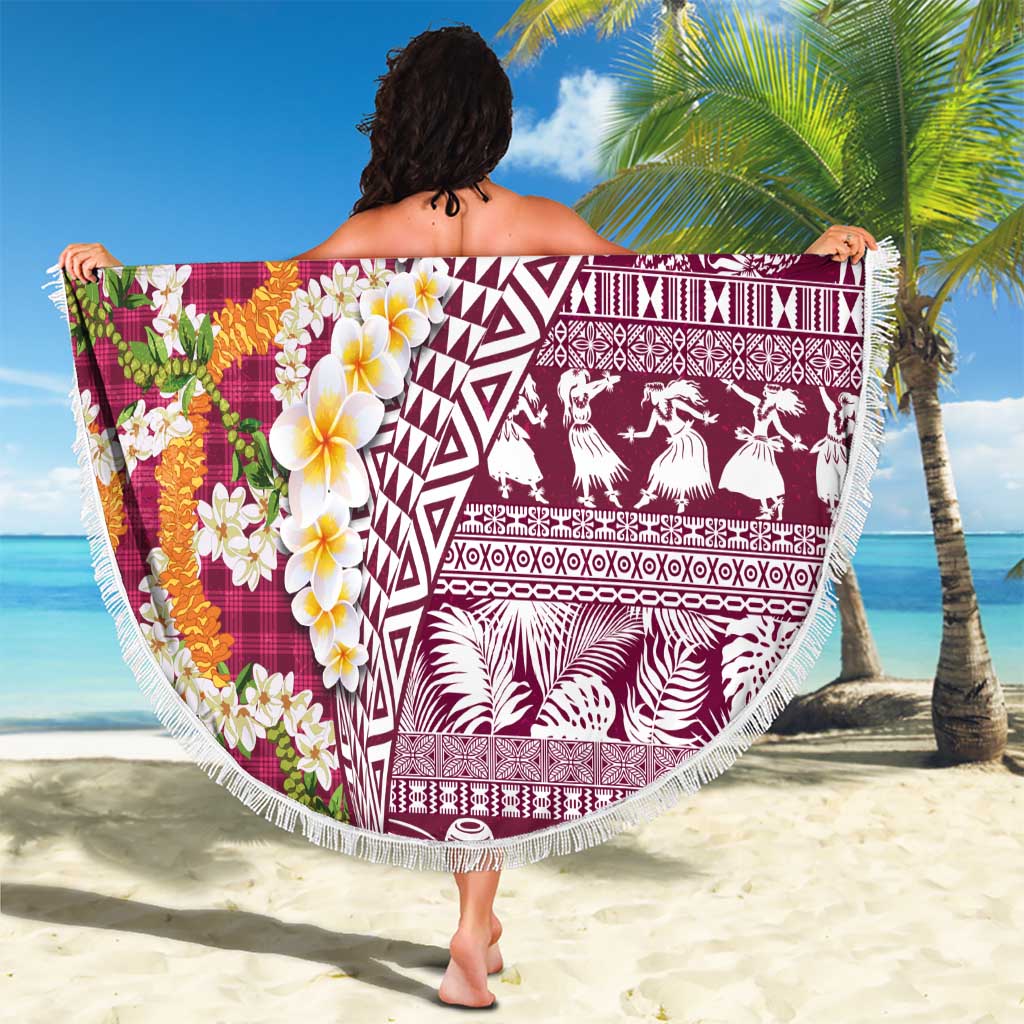 Hawaiian Plumeria Lei Beach Blanket Kakau Motifs and Palaka Half Style Pink Color LT03 - Polynesian Pride