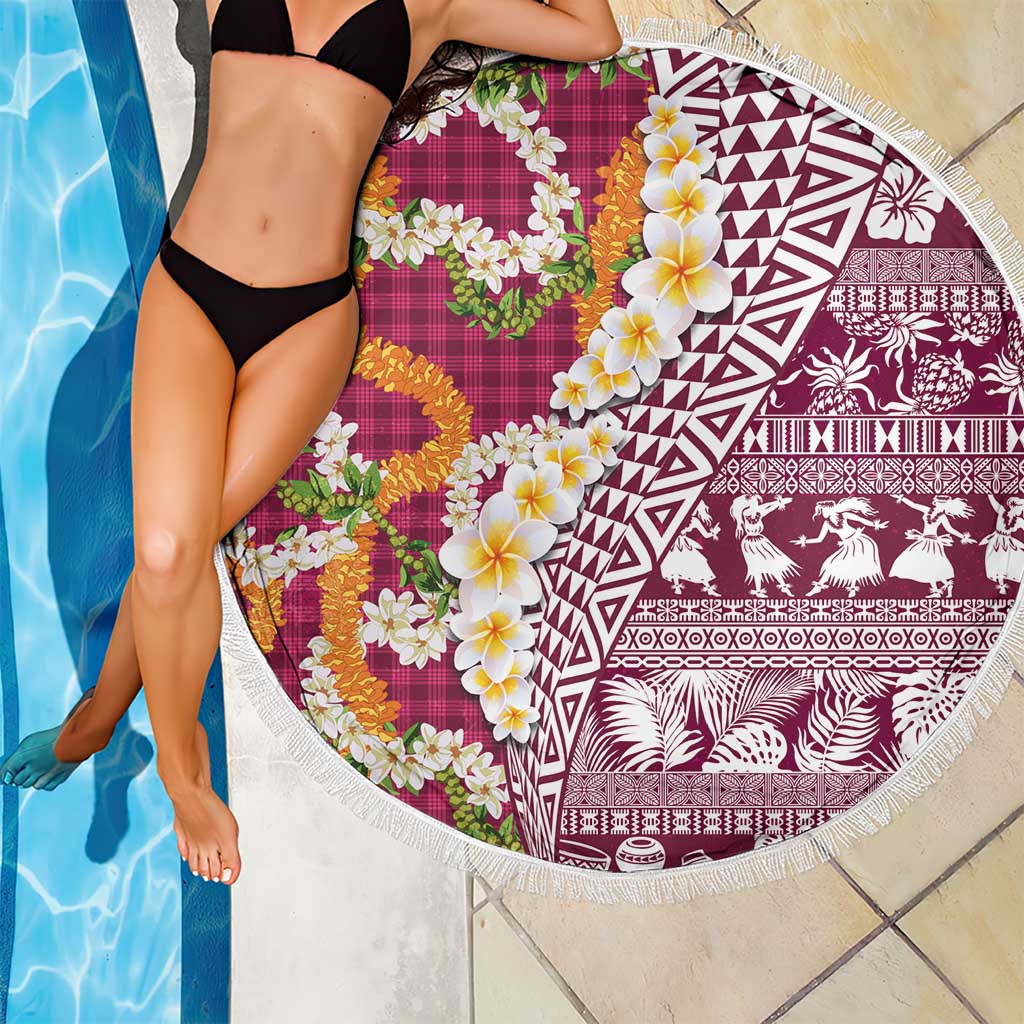 Hawaiian Plumeria Lei Beach Blanket Kakau Motifs and Palaka Half Style Pink Color LT03 - Polynesian Pride