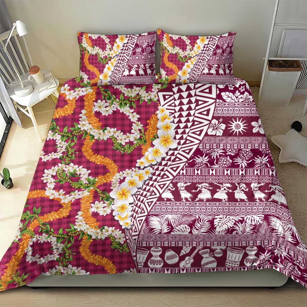 Hawaiian Plumeria Lei Bedding Set Kakau Motifs and Palaka Half Style Pink Color - Polynesian Pride