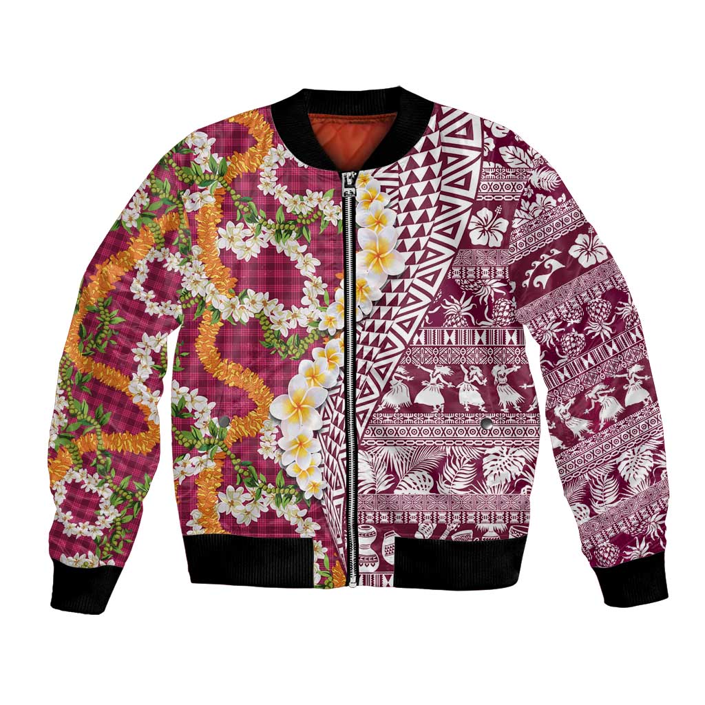 Hawaiian Plumeria Lei Bomber Jacket Kakau Motifs and Palaka Half Style Pink Color LT03 Unisex Pink - Polynesian Pride