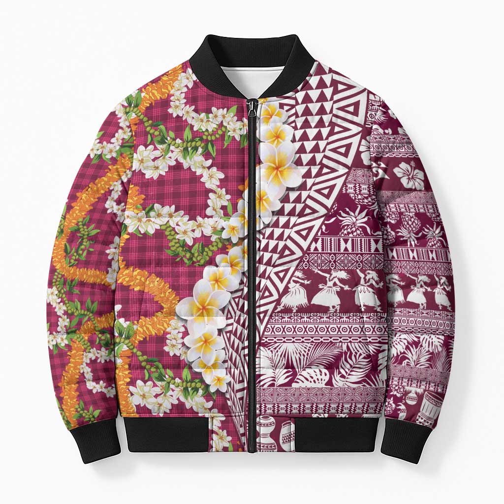 Hawaiian Plumeria Lei Bomber Puffer Jacket Kakau Motifs and Palaka Half Style Pink Color - Polynesian Pride