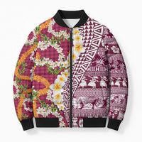 Hawaiian Plumeria Lei Bomber Puffer Jacket Kakau Motifs and Palaka Half Style Pink Color - Polynesian Pride