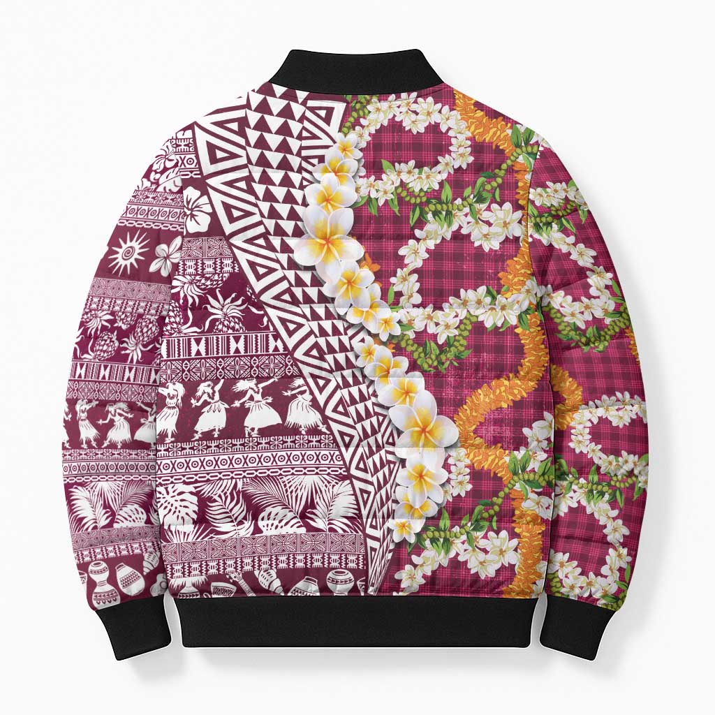 Hawaiian Plumeria Lei Bomber Puffer Jacket Kakau Motifs and Palaka Half Style Pink Color - Polynesian Pride
