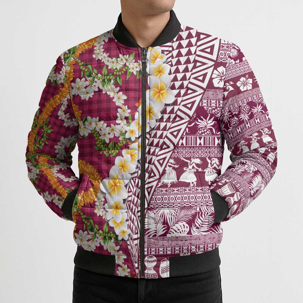 Hawaiian Plumeria Lei Bomber Puffer Jacket Kakau Motifs and Palaka Half Style Pink Color - Polynesian Pride