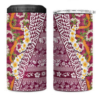 Hawaiian Plumeria Lei 4 in 1 Can Cooler Tumbler Kakau Motifs and Palaka Half Style Pink Color - Polynesian Pride