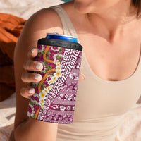 Hawaiian Plumeria Lei 4 in 1 Can Cooler Tumbler Kakau Motifs and Palaka Half Style Pink Color - Polynesian Pride