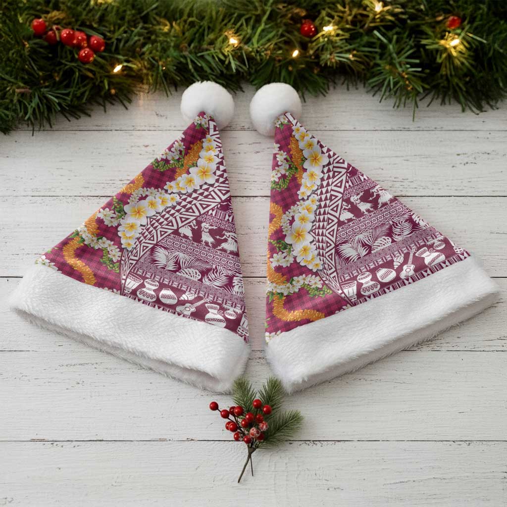 Hawaiian Plumeria Lei Christmas Santa Hat Kakau Motifs and Palaka Half Style Pink Color - Polynesian Pride