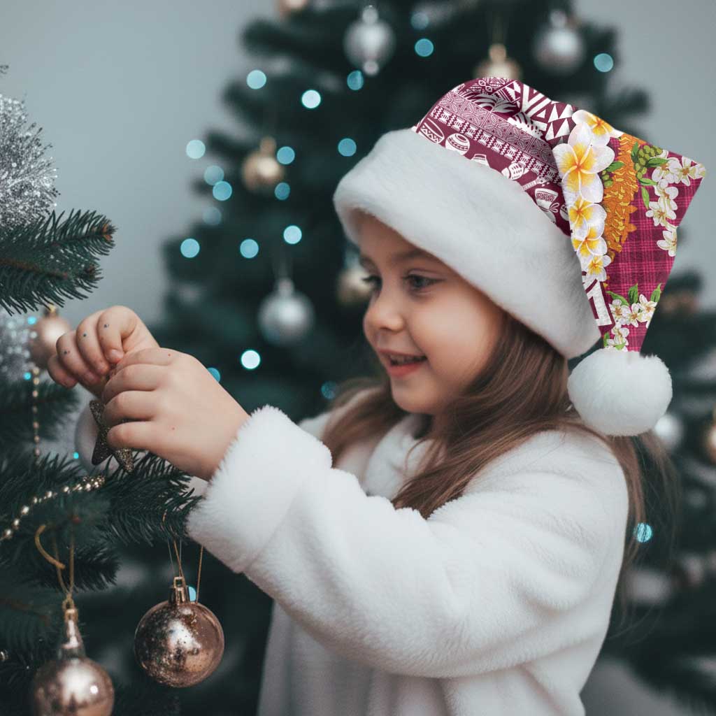 Hawaiian Plumeria Lei Christmas Santa Hat Kakau Motifs and Palaka Half Style Pink Color - Polynesian Pride
