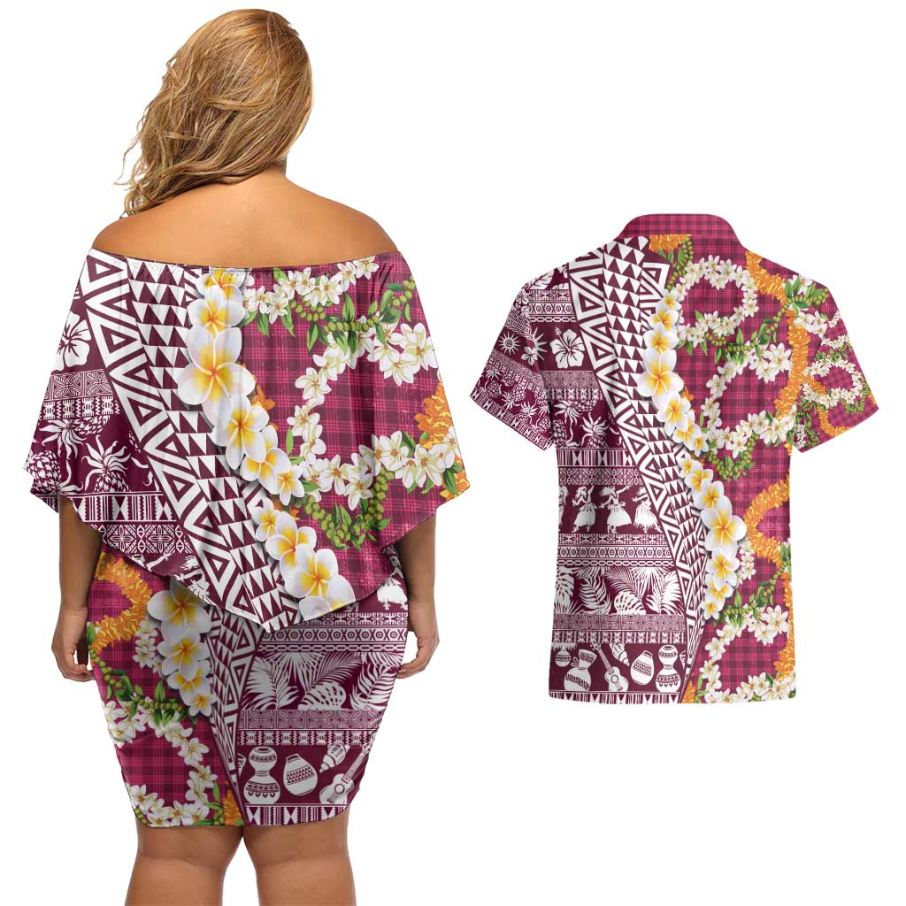 Hawaiian Plumeria Lei Couples Matching Off Shoulder Short Dress and Hawaiian Shirt Kakau Motifs and Palaka Half Style Pink Color - Polynesian Pride