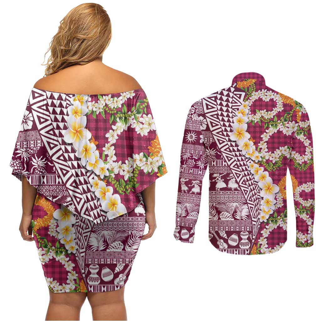 Hawaiian Plumeria Lei Couples Matching Off Shoulder Short Dress and Long Sleeve Button Shirt Kakau Motifs and Palaka Half Style Pink Color - Polynesian Pride