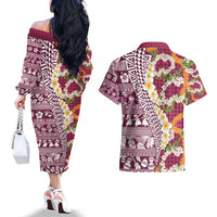 Hawaiian Plumeria Lei Couples Matching Off The Shoulder Long Sleeve Dress and Hawaiian Shirt Kakau Motifs and Palaka Half Style Pink Color - Polynesian Pride