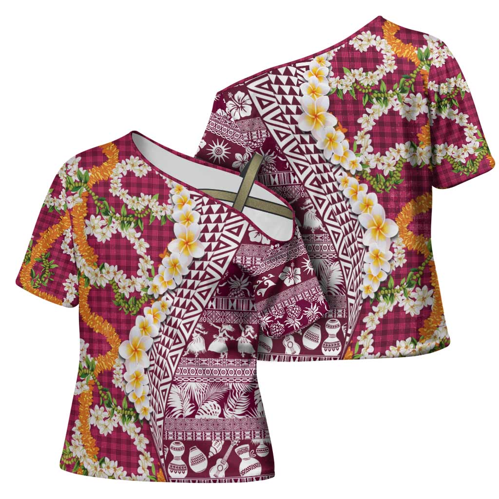 Hawaiian Plumeria Lei Cross Shoulder Shirt Kakau Motifs and Palaka Half Style Pink Color - Polynesian Pride