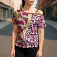 Hawaiian Plumeria Lei Cross Shoulder Shirt Kakau Motifs and Palaka Half Style Pink Color - Polynesian Pride