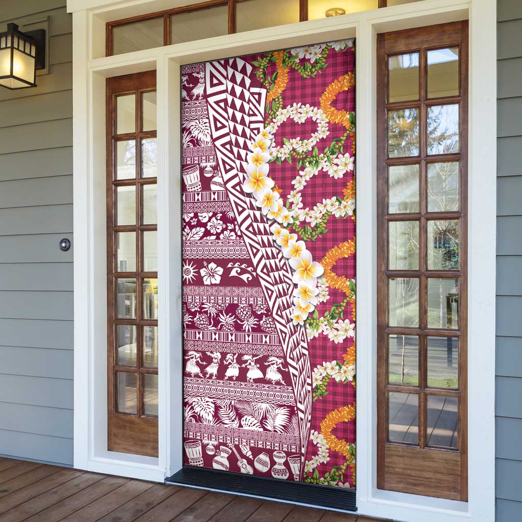 Hawaiian Plumeria Lei Door Cover Kakau Motifs and Palaka Half Style Pink Color - Polynesian Pride