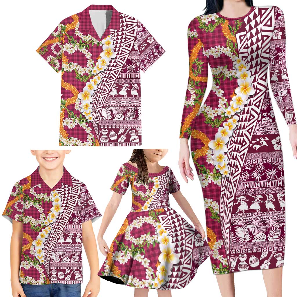 Hawaiian Plumeria Lei Family Matching Long Sleeve Bodycon Dress and Hawaiian Shirt Kakau Motifs and Palaka Half Style Pink Color - Polynesian Pride
