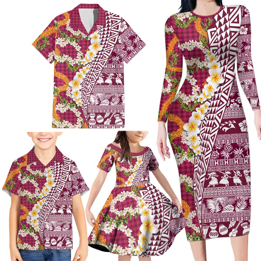 Hawaiian Plumeria Lei Family Matching Long Sleeve Bodycon Dress and Hawaiian Shirt Kakau Motifs and Palaka Half Style Pink Color LT03 - Polynesian Pride
