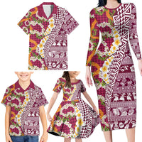 Hawaiian Plumeria Lei Family Matching Long Sleeve Bodycon Dress and Hawaiian Shirt Kakau Motifs and Palaka Half Style Pink Color - Polynesian Pride