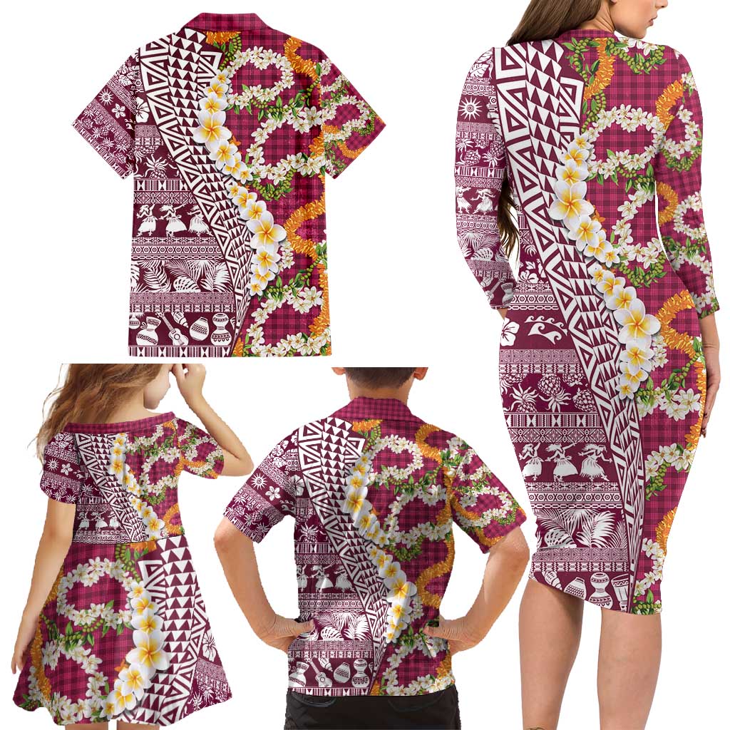 Hawaiian Plumeria Lei Family Matching Long Sleeve Bodycon Dress and Hawaiian Shirt Kakau Motifs and Palaka Half Style Pink Color - Polynesian Pride