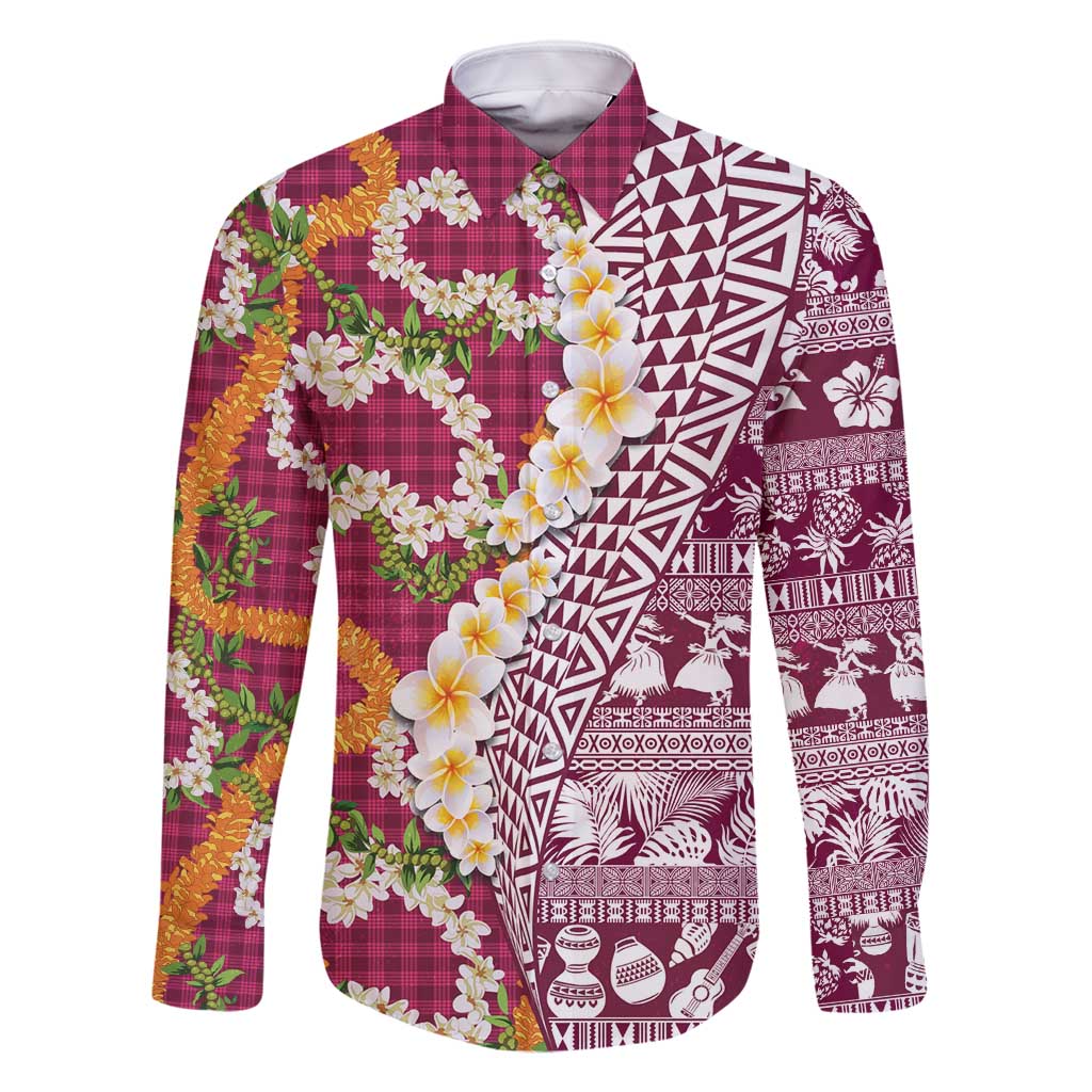 Hawaiian Plumeria Lei Family Matching Long Sleeve Bodycon Dress and Hawaiian Shirt Kakau Motifs and Palaka Half Style Pink Color - Polynesian Pride
