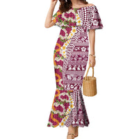 Hawaiian Plumeria Lei Family Matching Mermaid Dress and Hawaiian Shirt Kakau Motifs and Palaka Half Style Pink Color - Polynesian Pride